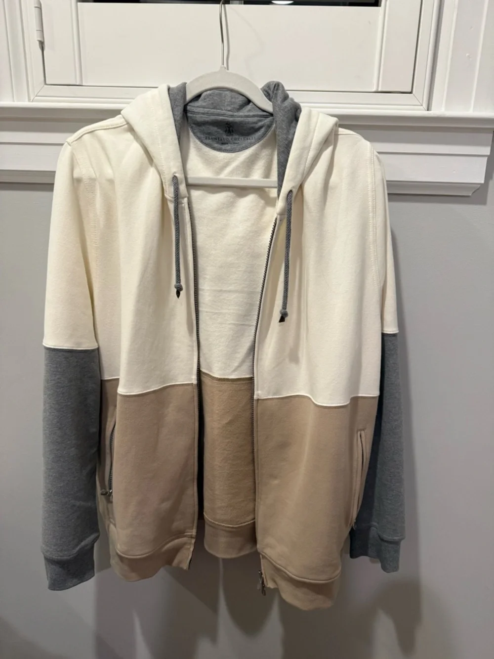 Brunello Cucinelli Neutral Colorblock Zip-Up Hoodie XL - Picture 1 of 5
